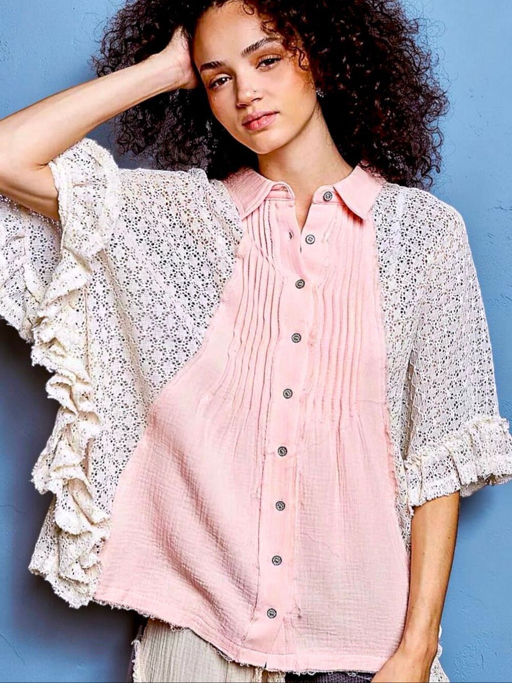 POL Baby Pink Boho Crochet Lace Ruffle Sleeve Oversized Gauze Button Down Top M